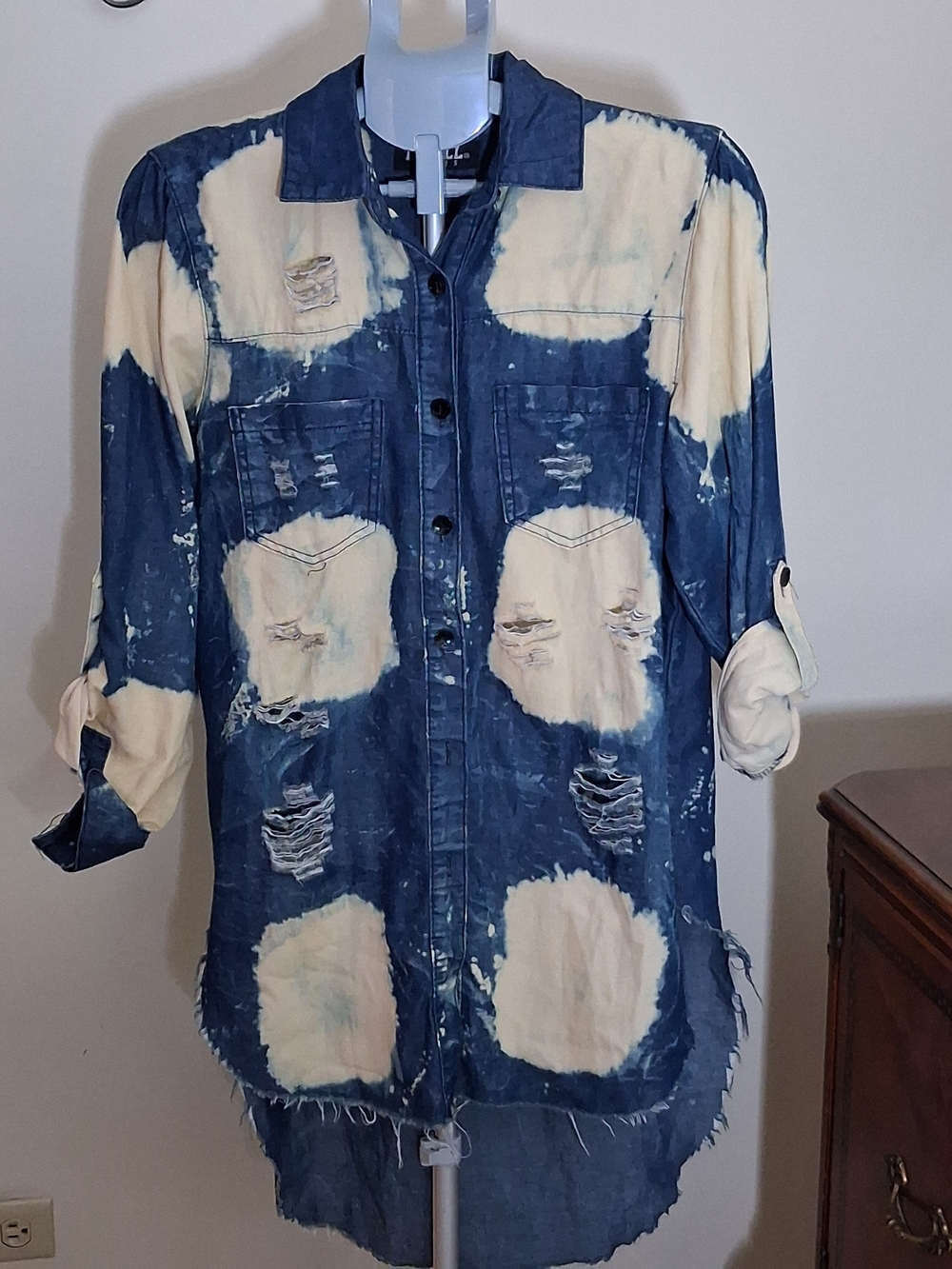 Distressed Tie-Dye Denim Button-Down Shirt - Blue & Cream